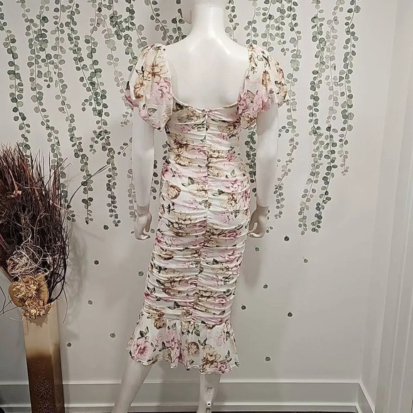 NWOT Asos puff sleeve mesh ruched wrap around pephem midi dress in soft floral p - Picture 7 of 10